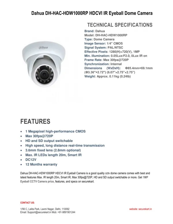 Features of Dahua DH-HAC-HDW1000RP HDCVI Dome CCTV Camara