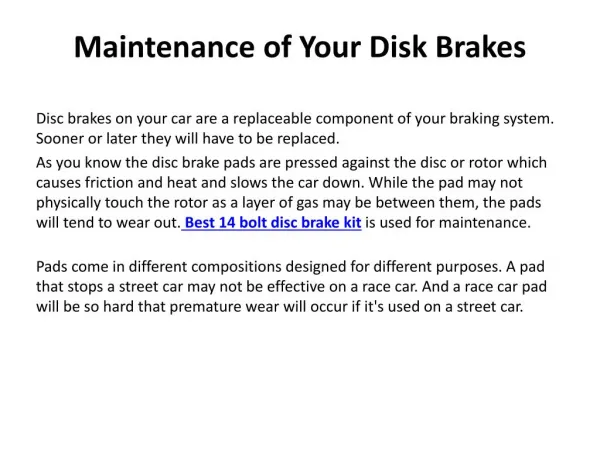 Maintenance of Your Disk Brakes