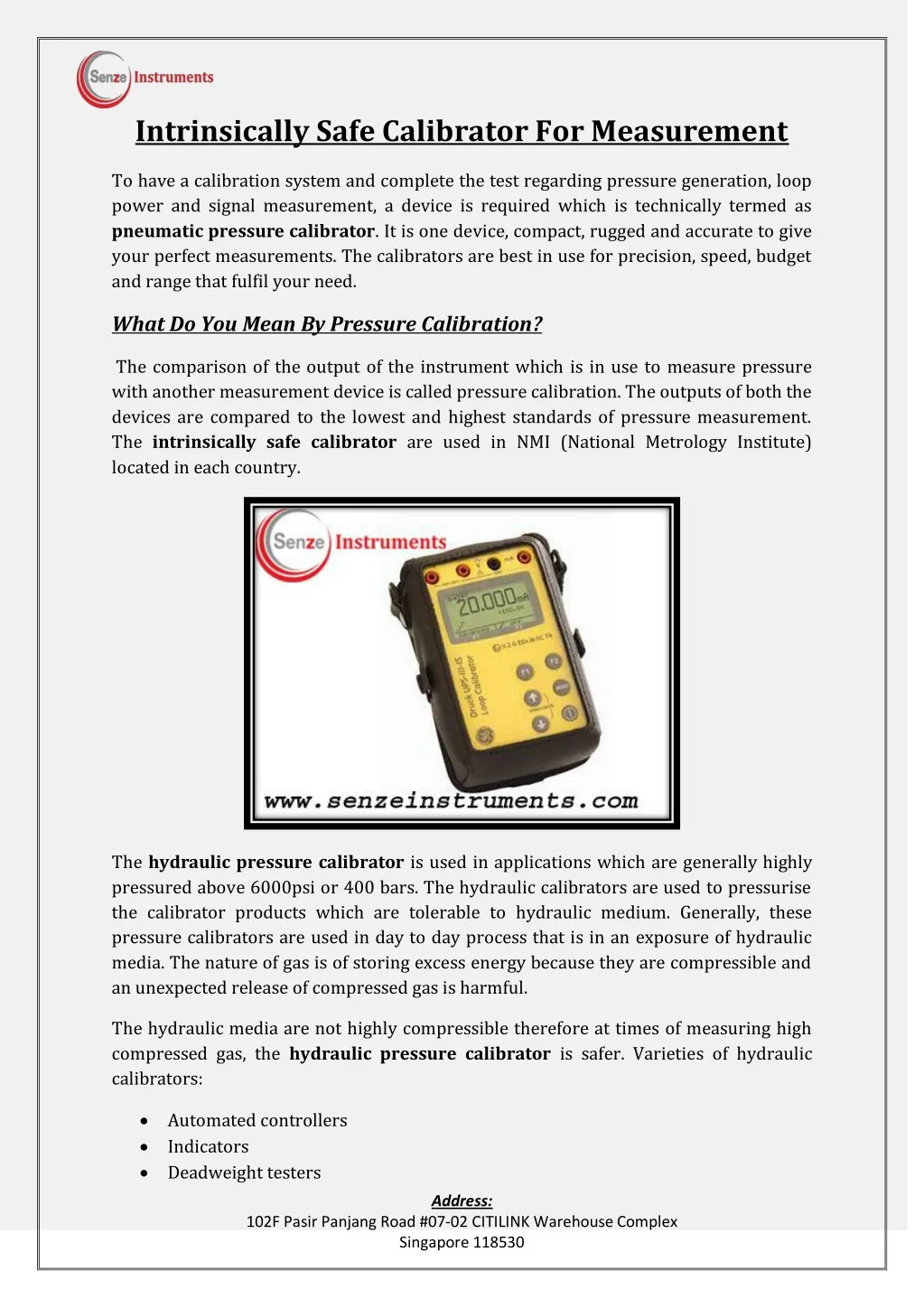 intrinsically safe calibrator for measurement
