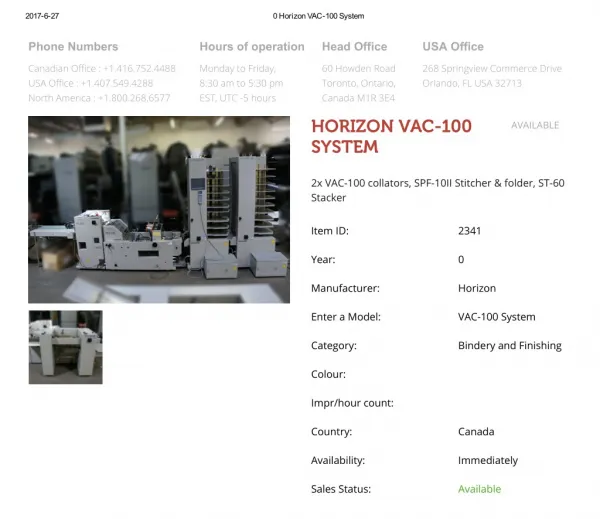 Buy Used HORIZON VAC-100 SYSTEM Machine