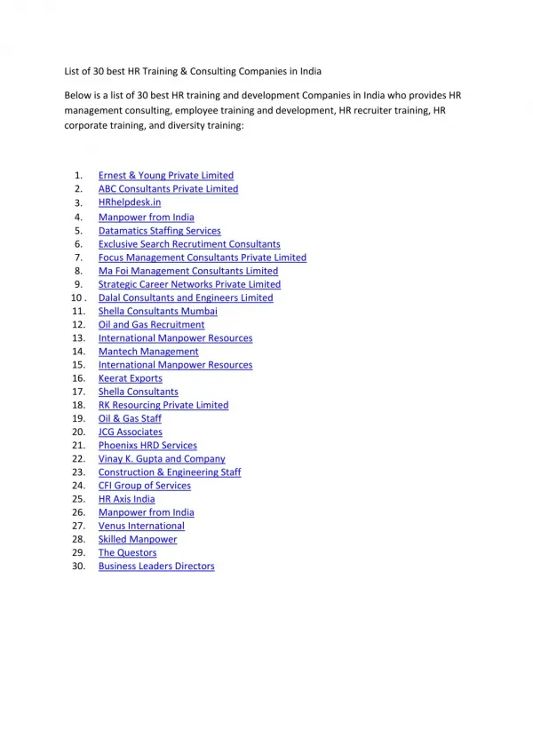 List of 30 best HR Training & Development Companies in India