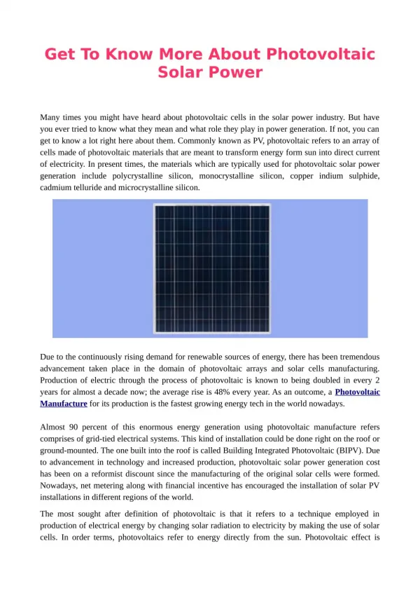 Get To Know More About Photovoltaic Solar Power