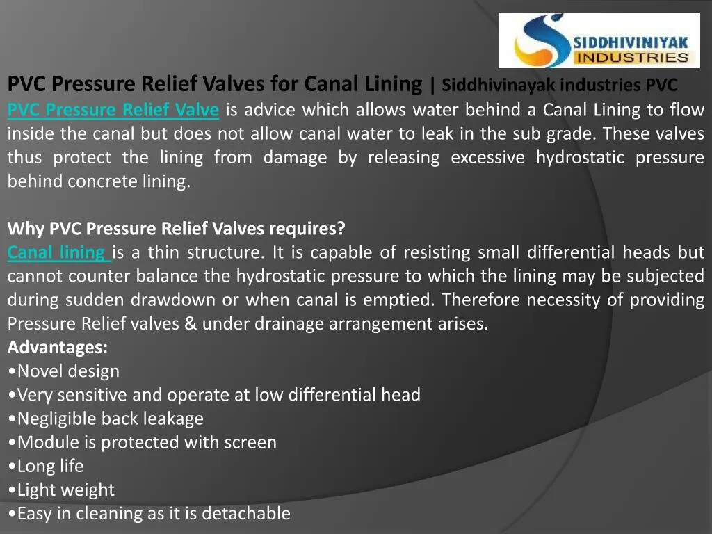 pvc pressure relief valves for canal lining