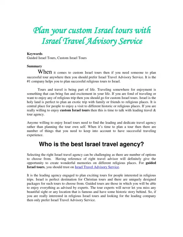 Plan your custom Israel tours with Israel Travel Advisory Service