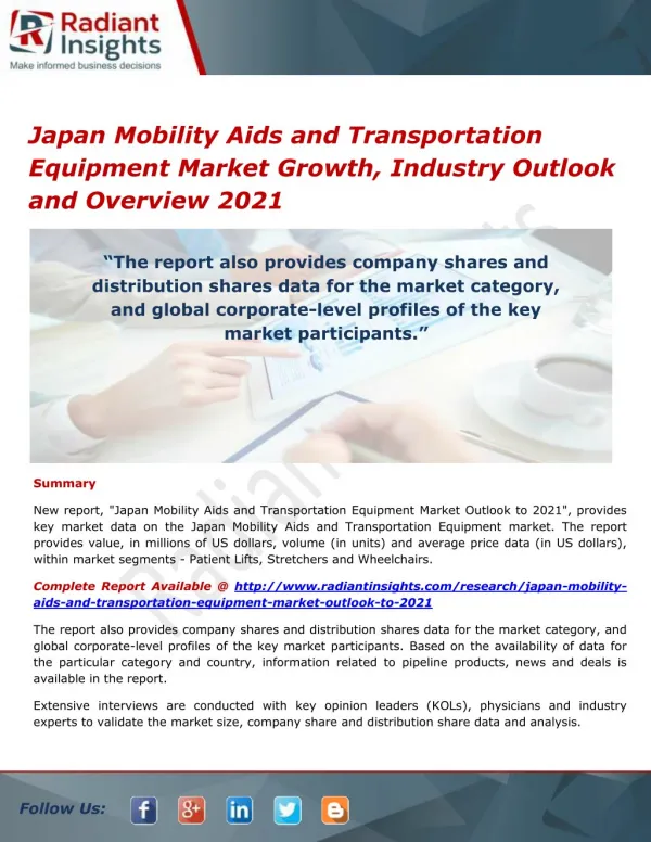 Japan Mobility Aids and Transportation Equipment Market Trends, Analysis, Growth, Industry Outlook and Overview 2021