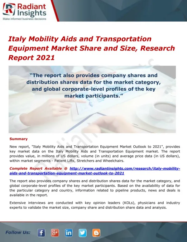 Italy Mobility Aids and Transportation Equipment Market Size and Growth, Research Report 2021