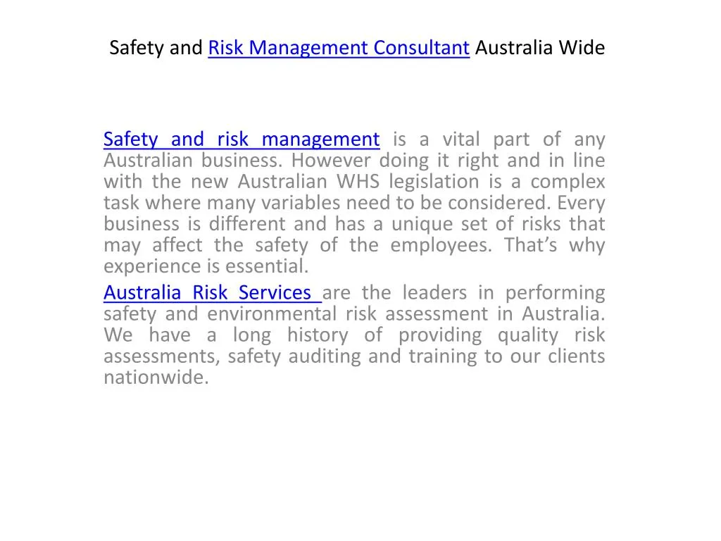 safety and risk management consultant australia wide