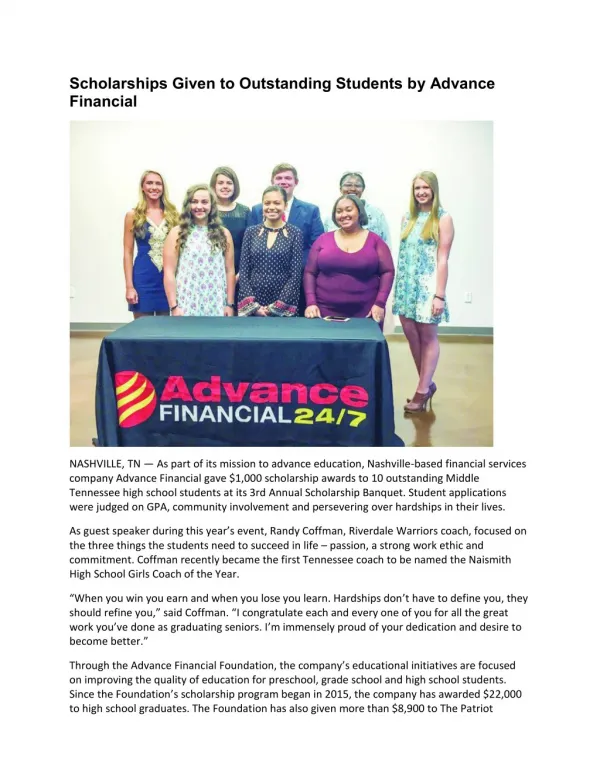 Scholarships Given to Outstanding Students by Advance Financial