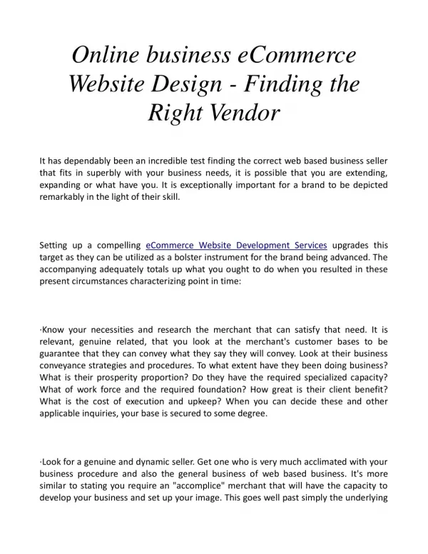 Online business eCommerce Website Design - Finding the Right Vendor