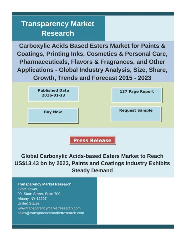 Carboxylic Acids Based Esters Market: Analysis by Global Segments, Size, Trends and Forecast 2023