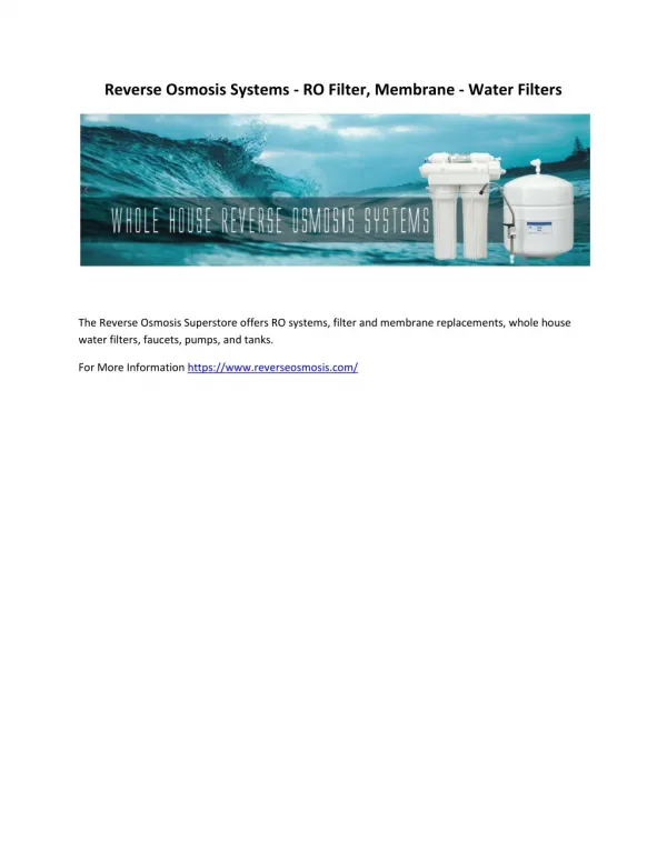 Reverse Osmosis Systems - RO Filter, Membrane - Water Filters