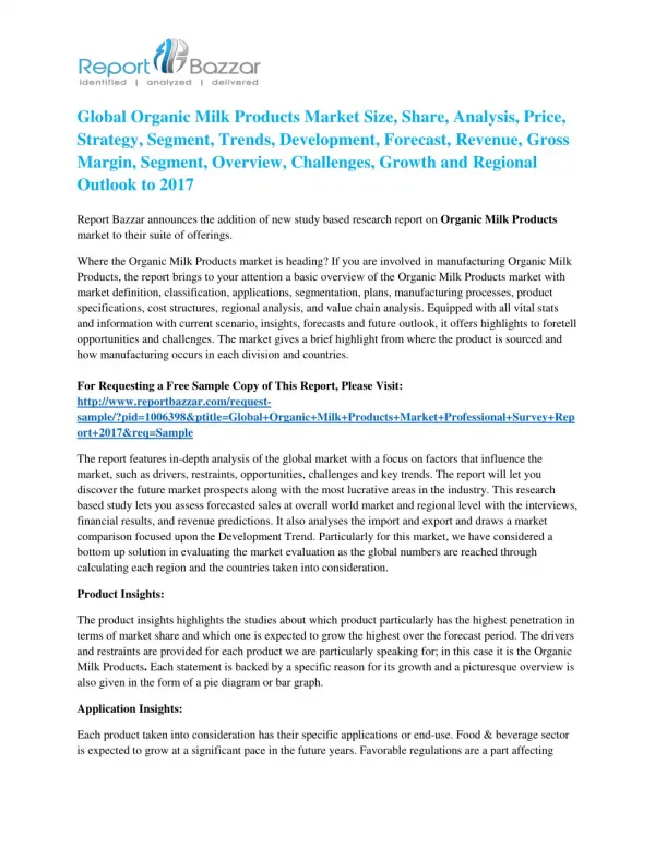 Organic Milk Products Market Analysis- Application, Type, Voltage, End-User, Category, Global Trends and Forecast To 20