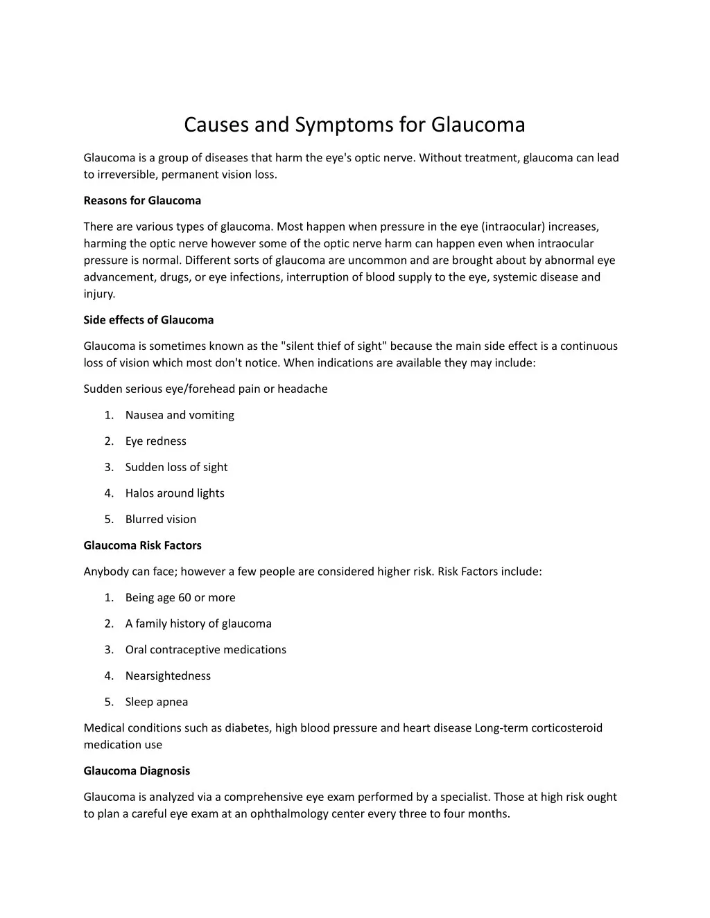 causes and symptoms for glaucoma