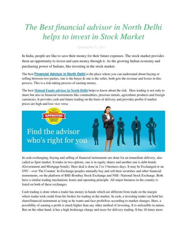 The Best financial advisor in North Delhi helps to invest in Stock Market