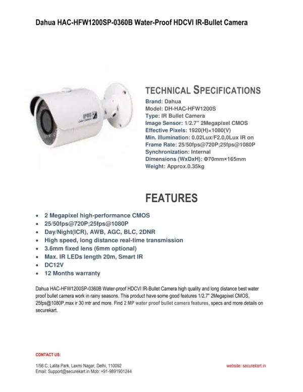 Dahua 2MP High Definition Bullet Camera HAC-HFW1200SP-0360B