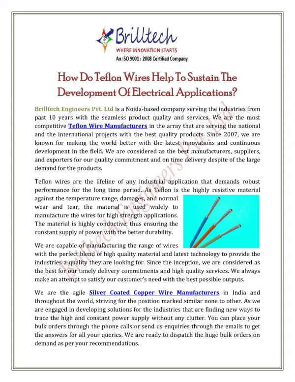 How Do Teflon Wires Help To Sustain The Development Of Electrical Applications?