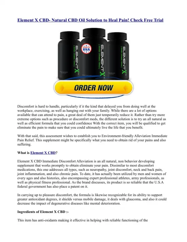 Element X CBD- Natural CBD Oil Solution to Heal Pain! Check Free TrialElement X CBD- Natural CBD Oil Solution to Heal Pa