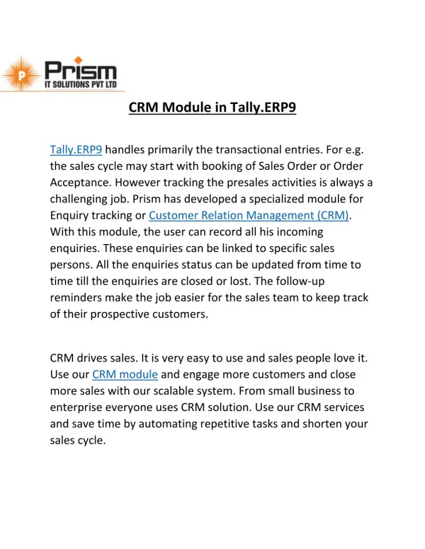 A PDF on CRM module in Tally.ERP9|By PrismIT