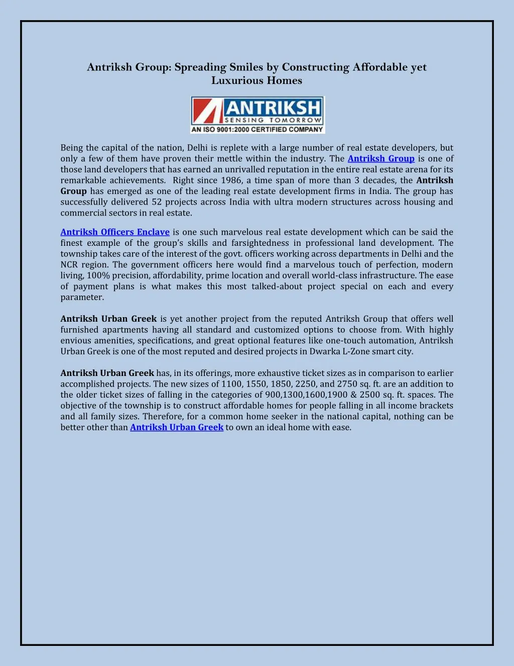 antriksh group spreading smiles by constructing