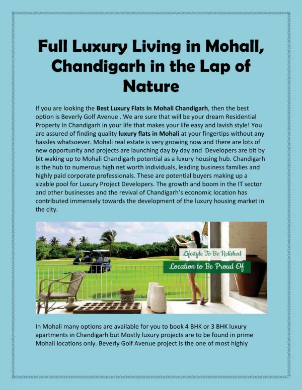 Full Luxury Living in Mohall, Chandigarh in the Lap of Nature