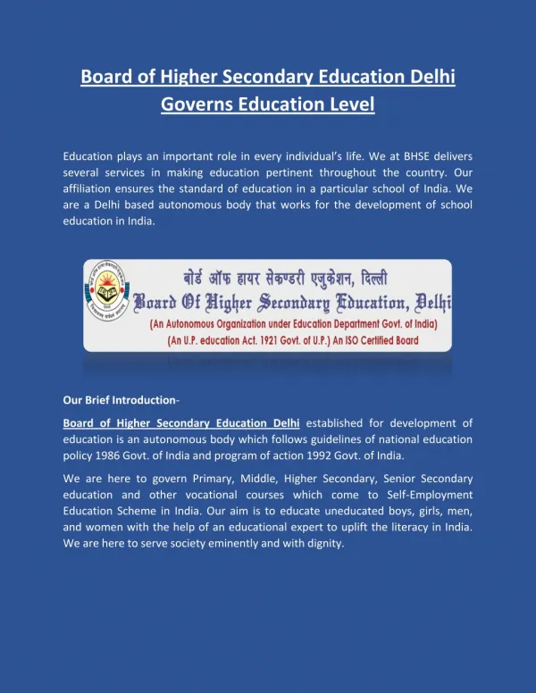 Board of Higher Secondary Education Delhi Governs Education Level