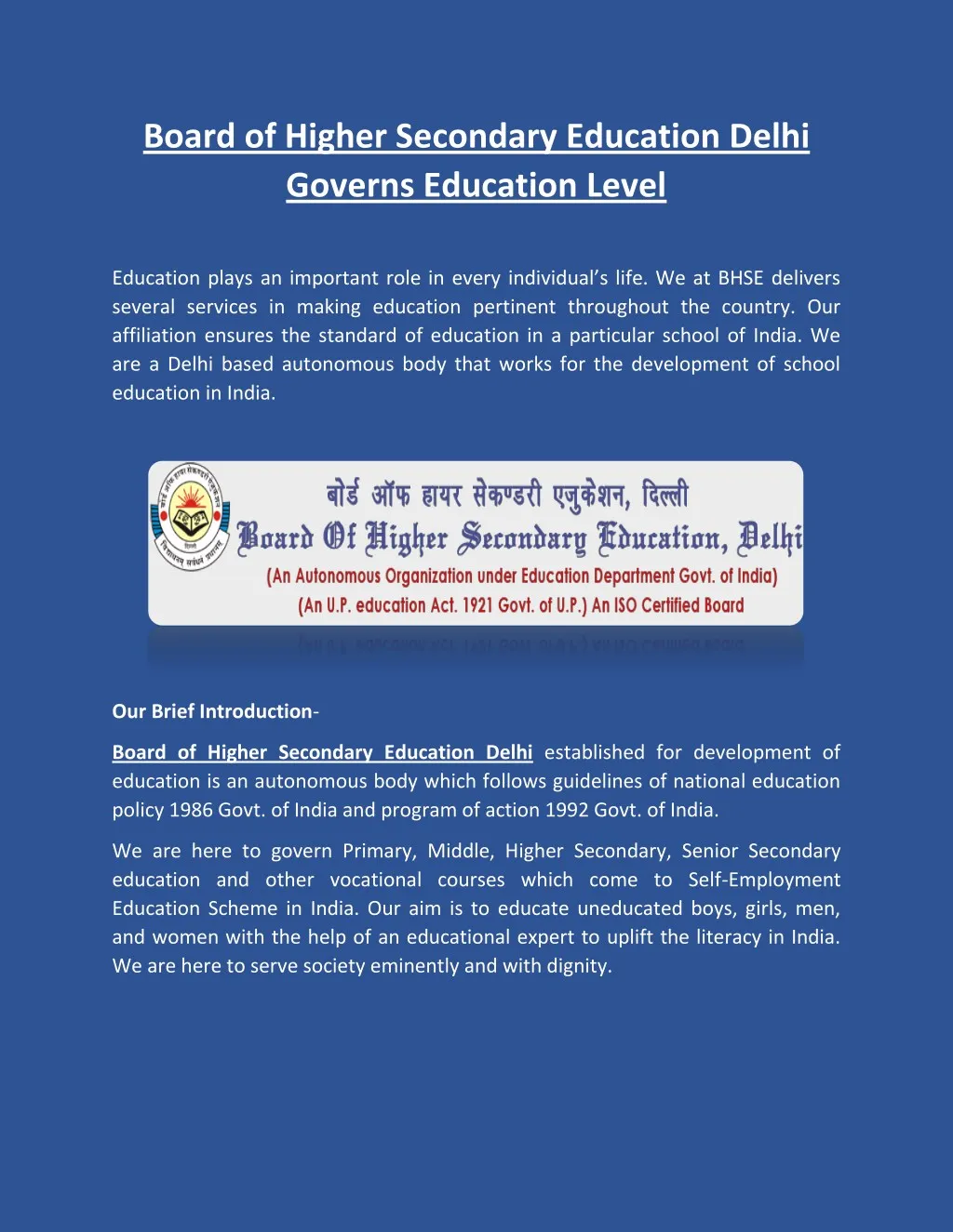 board of higher secondary education delhi governs