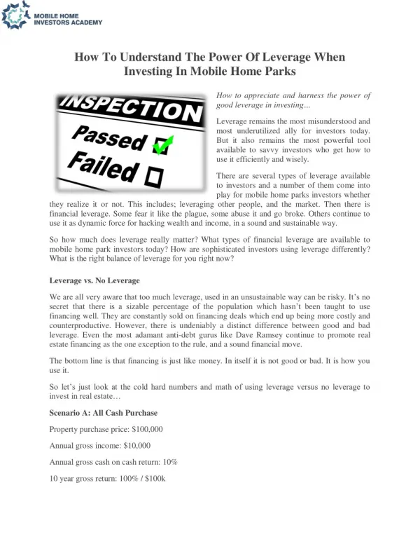 How To Understand The Power Of Leverage When Investing In Mobile Home Parks