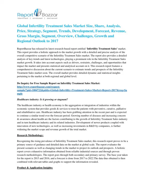 Infertility Treatment Sales Market Analysis- Size, Share, overview, scope, Revenue, Gross Margin, Segment and Forecast