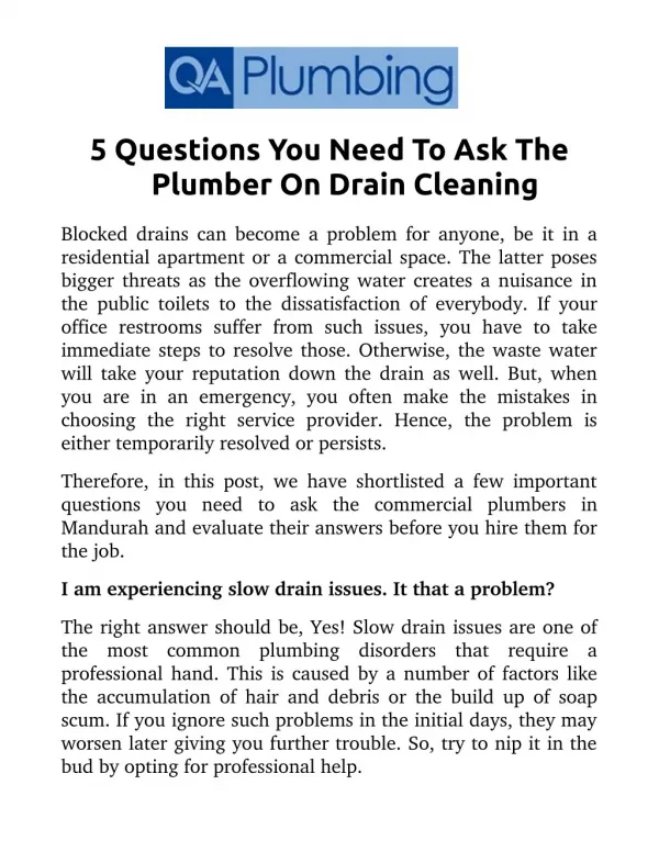 5 Questions You Need To Ask The Plumber On Drain Cleaning