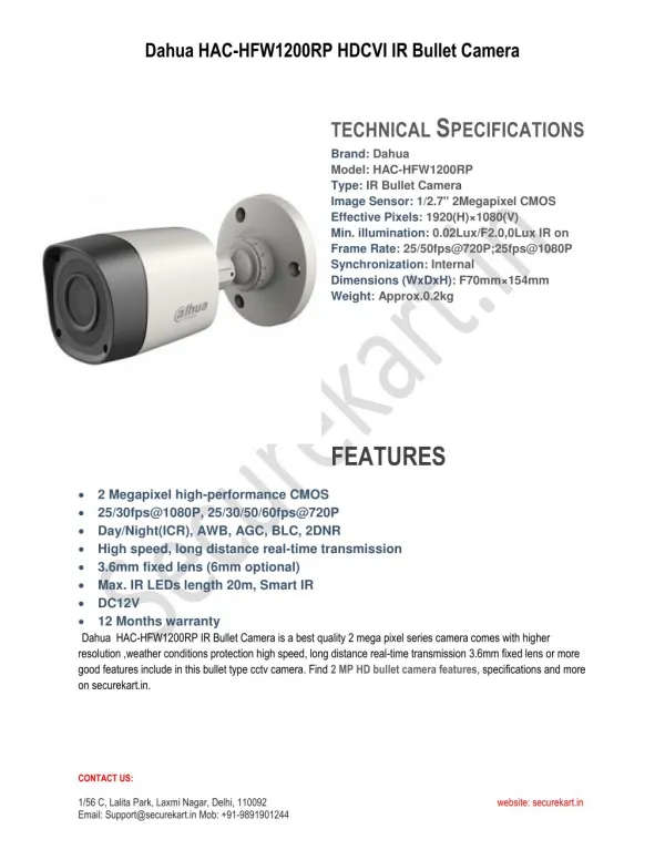 Features of Dahua HAC-HFW1200RP IR Bullet Camera