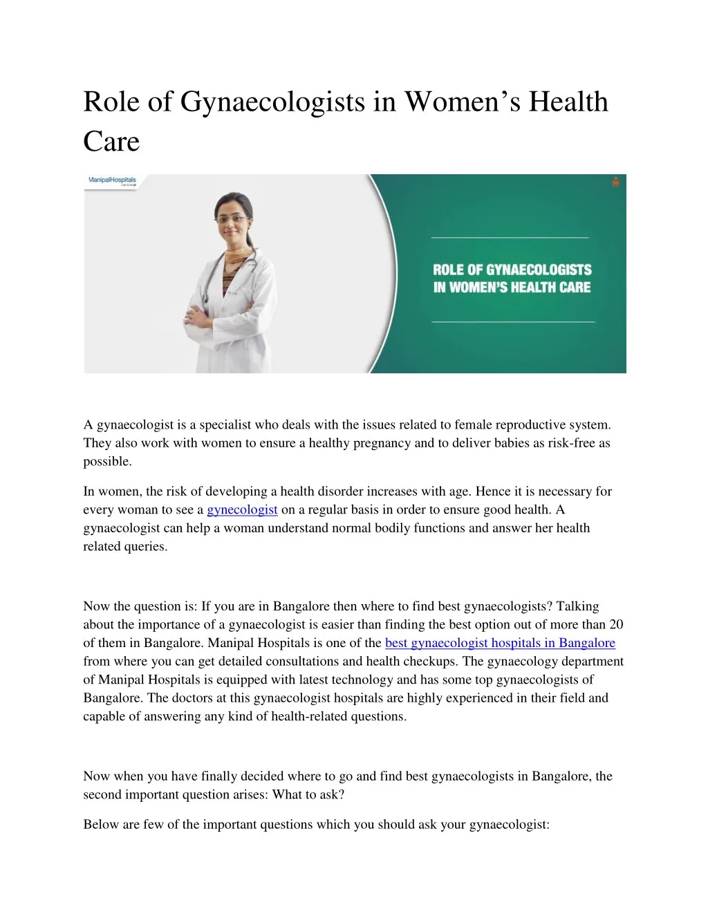 role of gynaecologists in women s health care