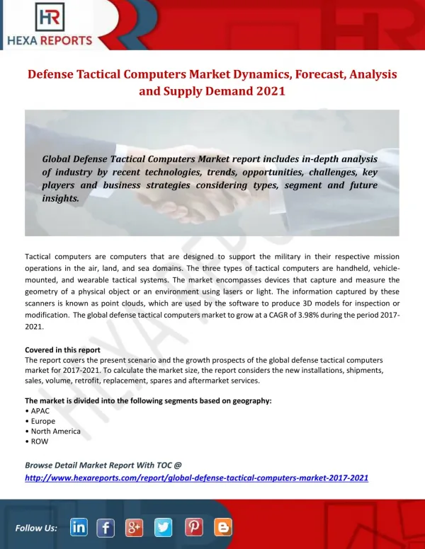 Defense Tactical Computers Market to 2021 with Top Manufacturers Profile, Supply & Analysis