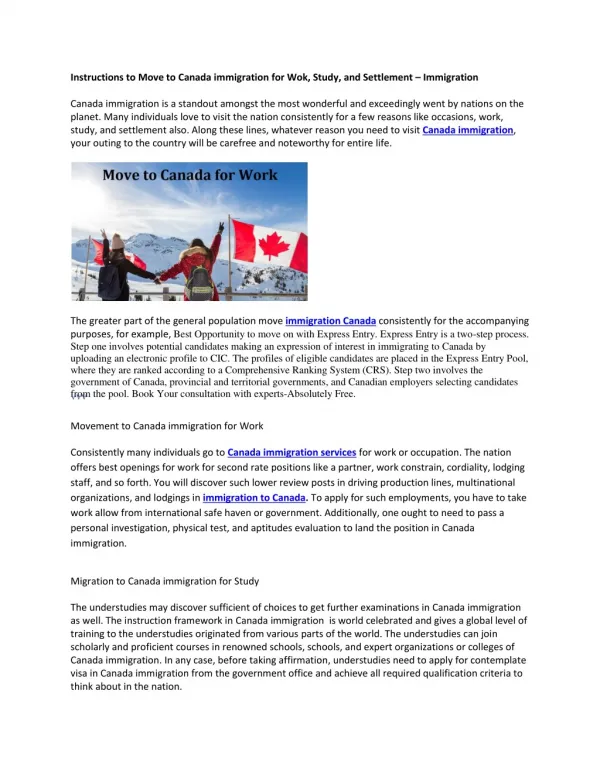 Instructions to Move to Canada immigration for Wok, Study, and Settlement – Immigration