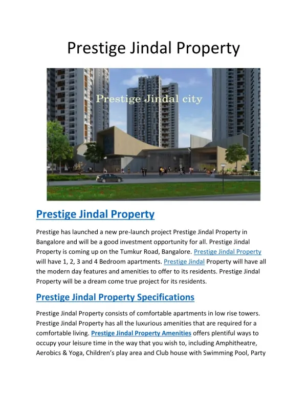 Prestige Jindal | Bangalore | Pre Launch | Reviews