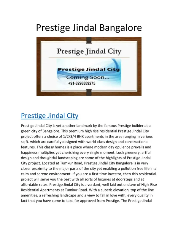 Prestige Jindal | Bangalore | Price | Pre Launch