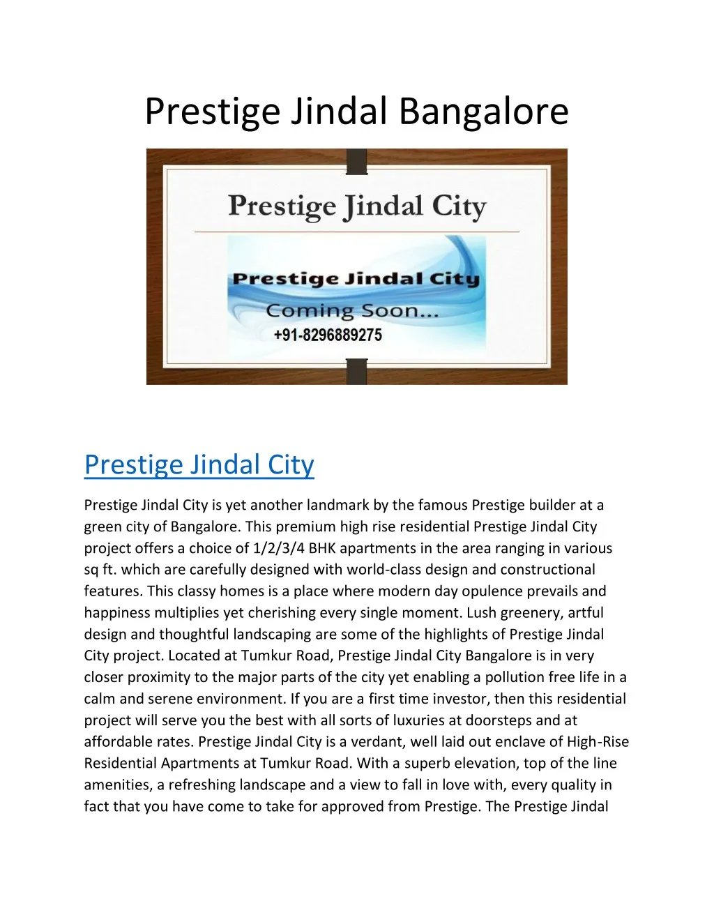 prestige jindal bangalore