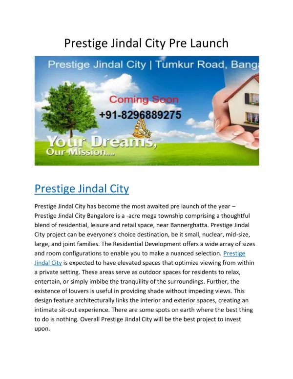 Prestige Jindal Bangalore | Property | Pre Launch | Price