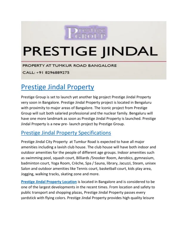 Prestige Jindal | Bangalore | Pre Launch | Price | Location | Contact | Reviews