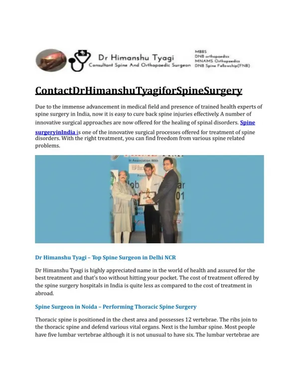 Contact Dr Himanshu Tyagi for Spine Surgery