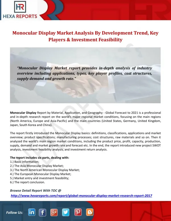 Monocular Display Market Analysis By Development Trend, Key Players & Investment Feasibility