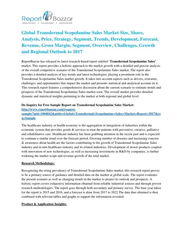 Transdermal Scopolamine Sales Market Analysis- Size, Share, overview, scope, Revenue, Gross Margin, Segment and Foreca