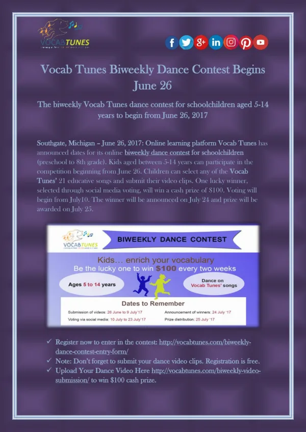 Vocab Tunes Biweekly Dance Contest Begins June 26