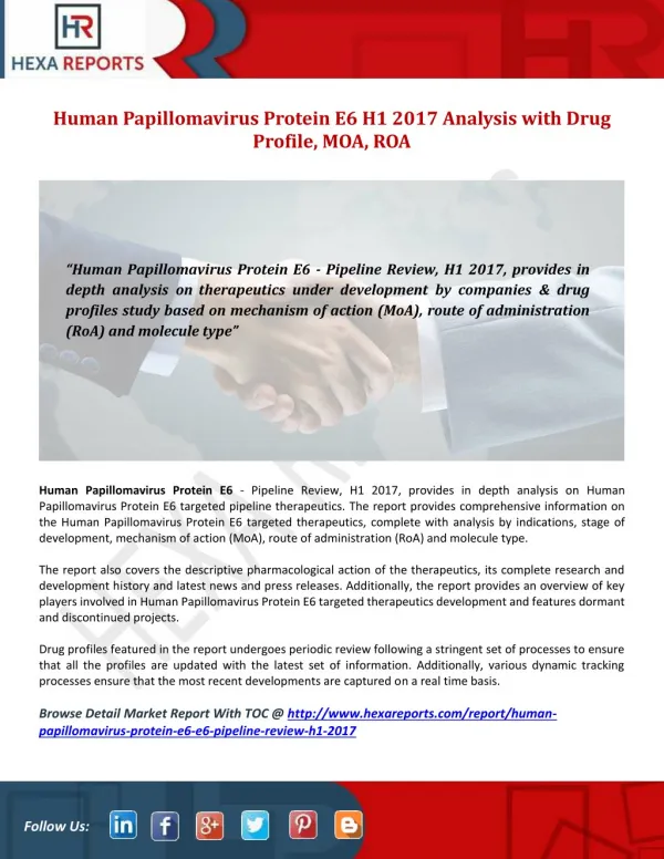 Human Papillomavirus Protein E6 Pipeline Review H1 2017, Drug Profile Analysis