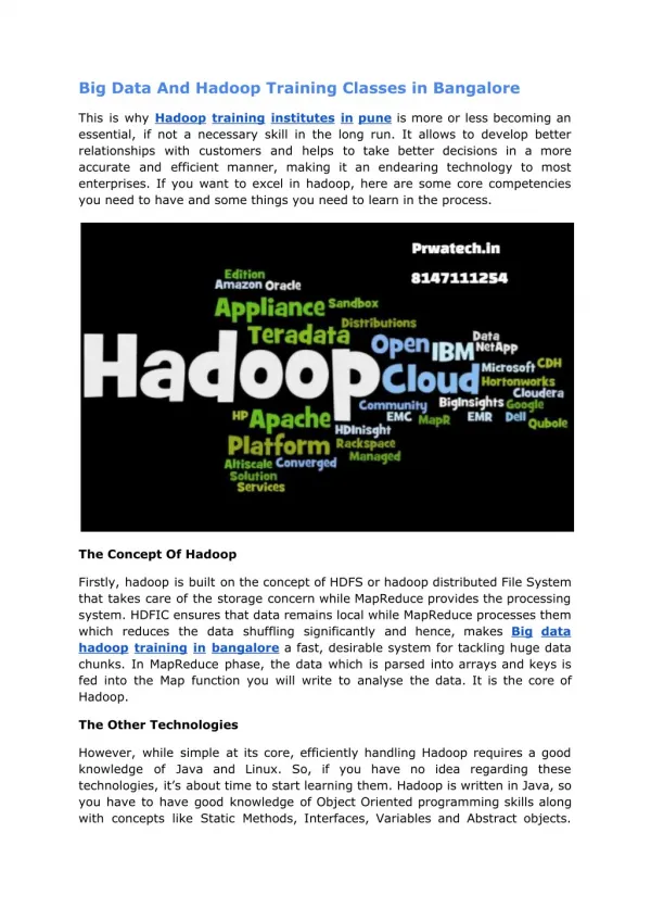 Big Data And Hadoop Training Classes in bangalore Prwatech