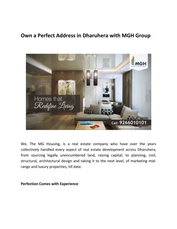 Own a Perfect Address in Dharuhera with MGH Group