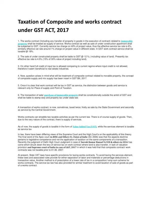 Taxation of Composite and works contract under GST ACT, 2017