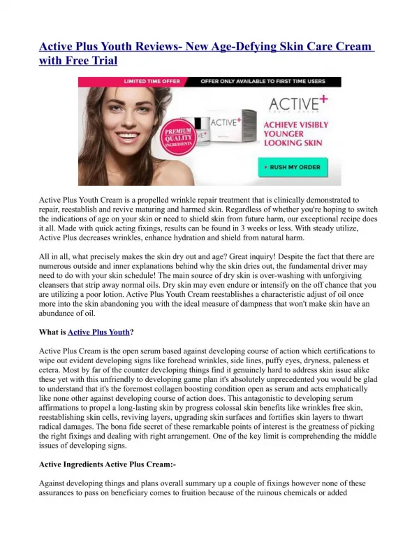 Active Plus Youth Reviews- New Age-Defying Skin Care Cream with Free Trial