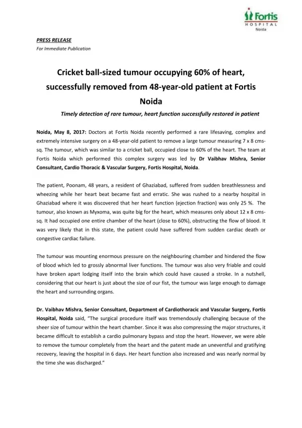 Cricket ball-sized tumour occupying 60% of heart, successfully removed from 48-year-old patient at Fortis