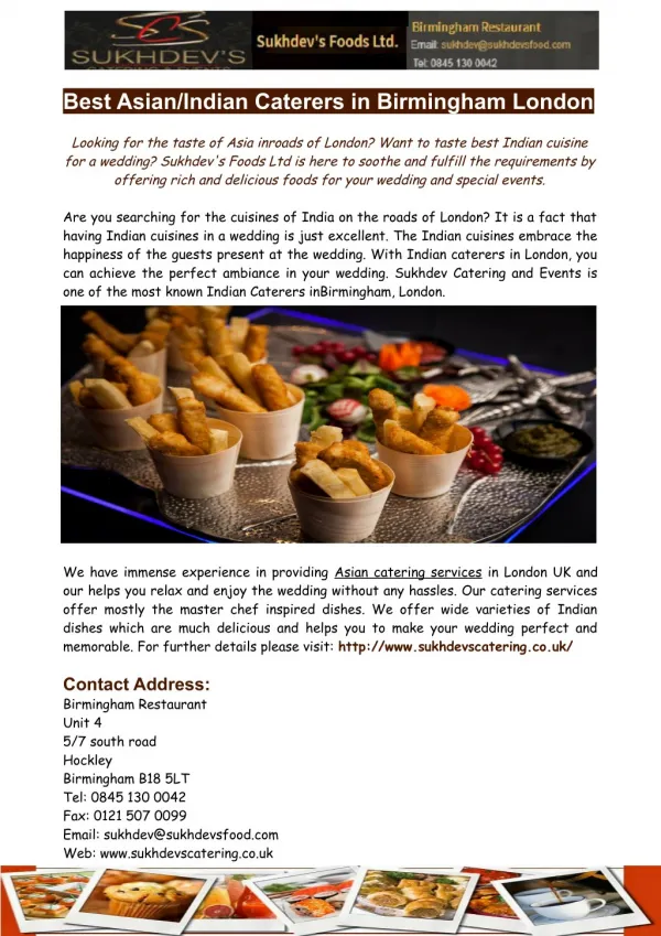 Asian Catering Services in London- Sukhdev's Foods Ltd