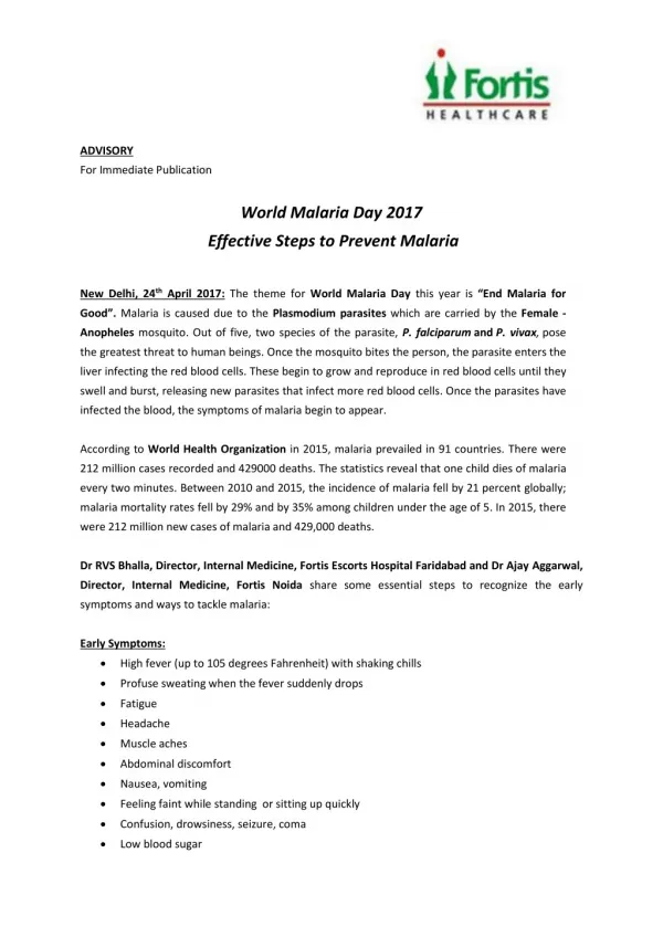 World Malaria Day 2017-Fortis Healthcare